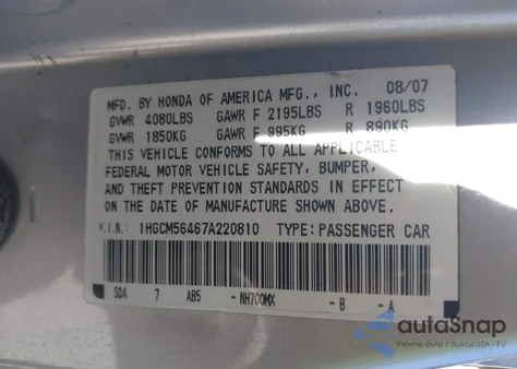 2007 Honda Accord 2.4 Lx from USA, damaged, VIN 1HGCM56467A220810